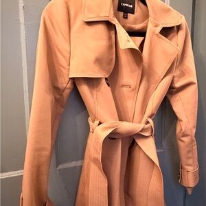 Express Camel Tan Double-Breasted Trench Coat with Belt